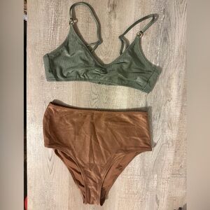 Green and Brown Ribbed Bikini Set
